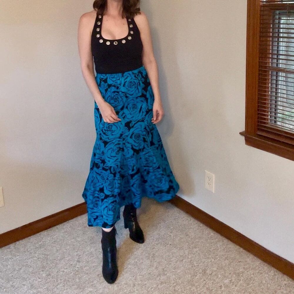 Vintage 80s Blue Rose Print Bias Cut Nora Noh Silk Floral Maxi Skirt Size 6